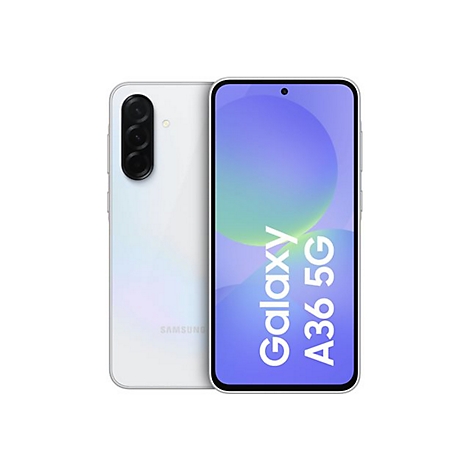 Weißes Samsung Galaxy A36 5G Smartphone, Vorder- und Rückseite.