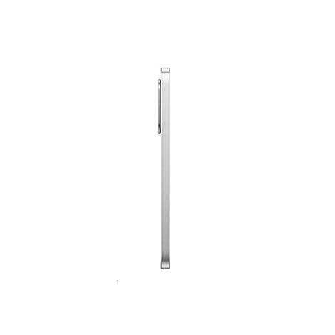 Silberfarbenes Smartphone von der Seite, links ist die Kamera erkennbar, vor weißem Hintergrund.
