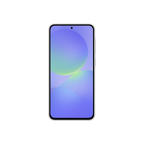 Ein Smartphone mit hellem Bildschirm, das einen Farbverlauf von Blau zu Grün zeigt, vor weißem Hintergrund.