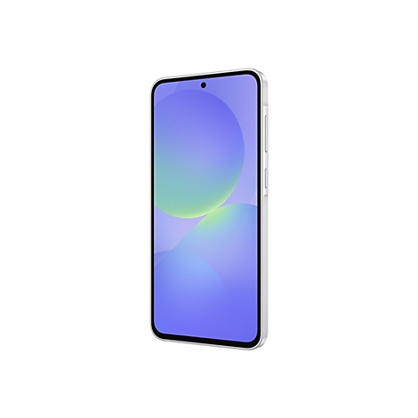 Ein Smartphone mit silbernem Rahmen, das auf einem weißen Hintergrund abgebildet ist. Das Display zeigt einen Hintergrund mit blauen und grünen Formen.