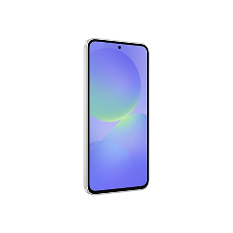 Smartphone, silbernes Gehäuse, blau-grüner Bildschirm. Oben mittig eine Frontkamera, minimalistisches Design.