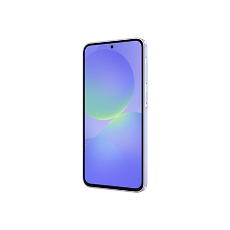 Ein Smartphone mit einem hellblauen Bildschirm, der durch einen Farbbalken von unten nach oben verläuft. Auf dem Bildschirm befindet sich ein Loch für die Kamera. Das Gehäuse ist hellblau.
