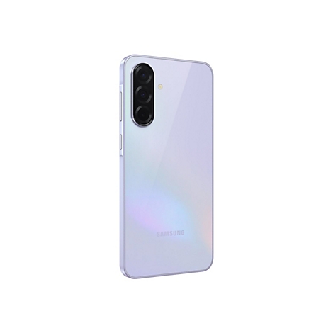 Ein hellviolettes Smartphone, die Rückseite nach oben. Oben drei Kameraobjektive, daneben eine einzelne Kamera. Das Samsung-Logo unten.