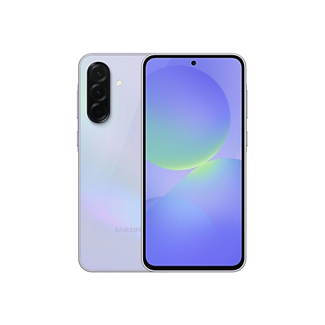 Smartphone in Hellgrau mit drei Kameras. Auf dem Display farbige Kreise. Logo "Samsung" auf der Rückseite.