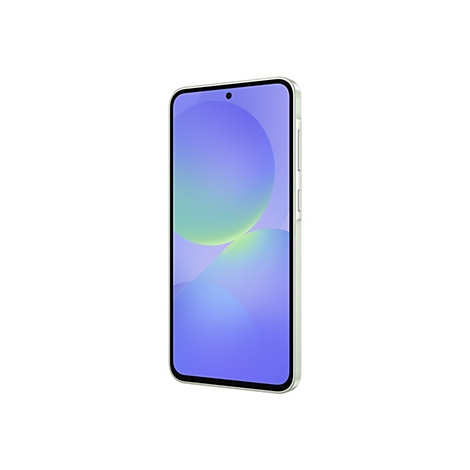 Ein Smartphone in hellem Grün, leicht schräg vor weißem Hintergrund. Das Display zeigt einen abstrakten Hintergrund in Blau- und Grüntönen.