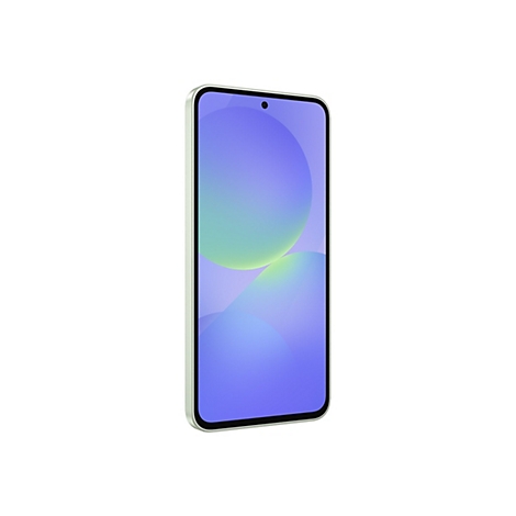 Ein Smartphone, hellgrüner Rahmen, Bildschirm mit blau-grünem Hintergrund, schwarzer Rahmen, auf weißem Hintergrund.