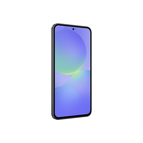 Schwarzgraues Smartphone mit blau-grünen Kreisen auf dem Display. Das Handy ist leicht geneigt und vor weißem Hintergrund abgebildet.