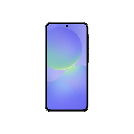 Ein schwarzes Smartphone vor weißem Hintergrund. Der Bildschirm zeigt einen blau-violetten Hintergrund mit kreisförmigen, farbigen Formen.