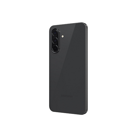 Dunkelgraues Smartphone von hinten, drei Kameras vertikal, linksbündig. Samsung-Logo unten mittig.