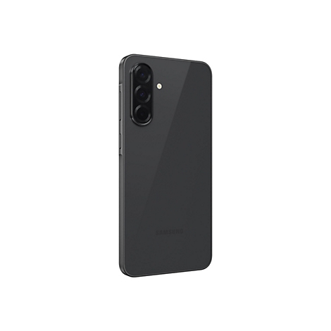 Dunkelgraues Smartphone von hinten, Kamera mit drei Linsen. Samsung-Logo.