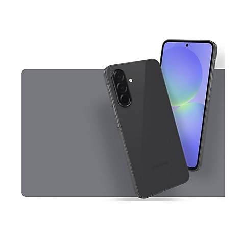 Dunkelgraues Smartphone, Rückseite und Displayansicht. Kamera auf der Rückseite, Schriftzug Samsung, Display mit grünlichen Kreisen.