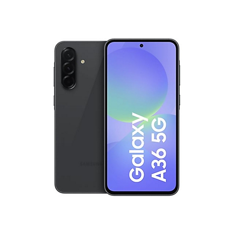 Dunkelgraues Smartphone, Vorder- und Rückseite. Auf dem Bildschirm steht "Galaxy A36 5G".