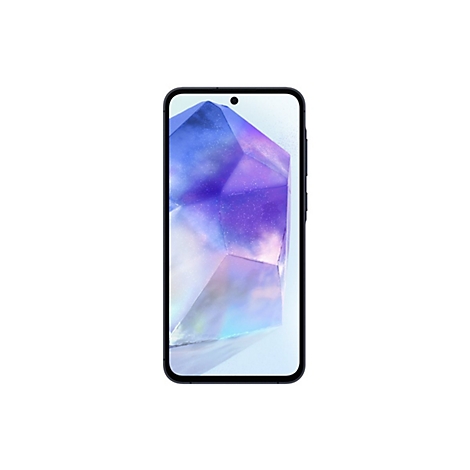 Smartphone, schwarzer Rand, Bildschirm mit blau-lila Kristallmuster. Kleiner, schwarzer Punkt oben.