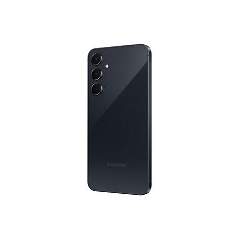 Dunkelblaues Smartphone-RÃ¼ckseite, drei Kameraobjektive, das Samsung-Logo.