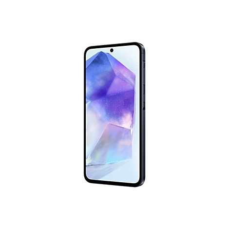 Schwarzes Smartphone mit weiÃŸem Bildschirm, darauf ein lilafarbenes, kristallfÃ¶rmiges Muster. Auf weiÃŸem Hintergrund, leicht schrÃ¤g.