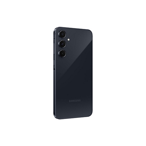 Dunkelblaues Smartphone mit drei Objektiven, Samsung Logo, auf weiÃŸem Hintergrund.