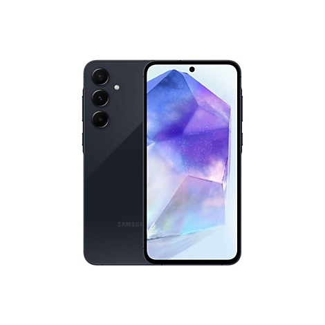 Dunkelblaues Smartphone, Vorder- und RÃ¼ckseite; Display zeigt abstraktes Kristallmuster.