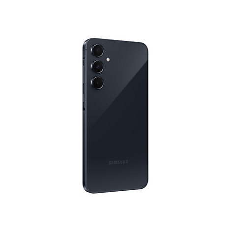 Dunkelblaues Smartphone, RÃ¼ckseite mit Kameramodulen und Samsung-Logo.