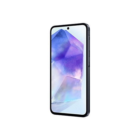 Dunkelblaues Smartphone, leicht schrÃ¤g, vor weiÃŸem Hintergrund. Auf dem Display eine abstrakte, kristallartige Grafik.