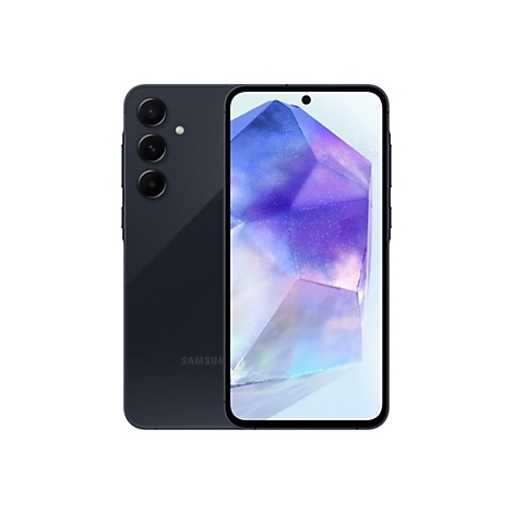 Dunkelblaues Smartphone, Vorder- und RÃ¼ckseite. Auf dem Display ist ein abstraktes, lilafarbenes Muster zu sehen. Seitlich KnÃ¶pfe und drei Kamera-Linsen.