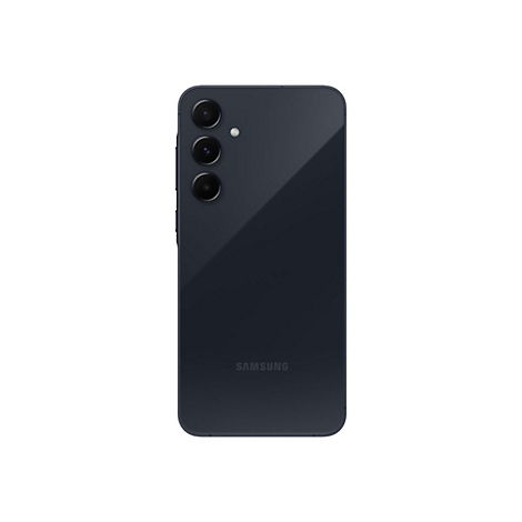 Dunkelblaues Smartphone, RÃ¼ckseite. Oben drei Kameraobjektive, darunter das Samsung-Logo.