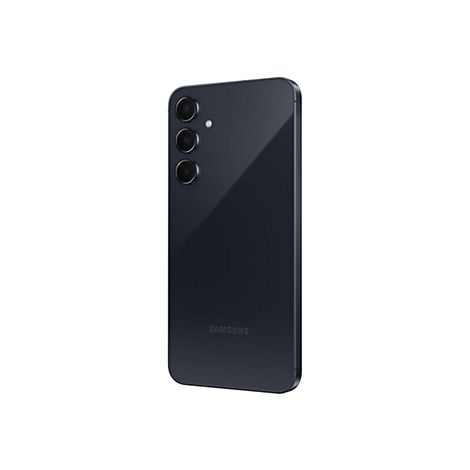 Dunkelblaues Smartphone, RÃ¼ckseite, drei Objektive, Samsung Logo.