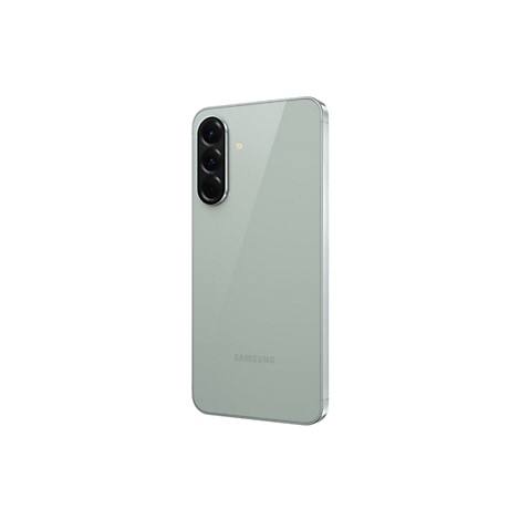 Hellgrünes Smartphone von hinten. Drei Kameraobjektive vertikal, Blitz oben.