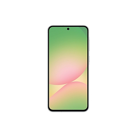 Ein Smartphone mit grün-rosa Farbverlauf auf dem Display, auf weißem Hintergrund. Das Telefon hat silberne Ränder und eine Kamera.