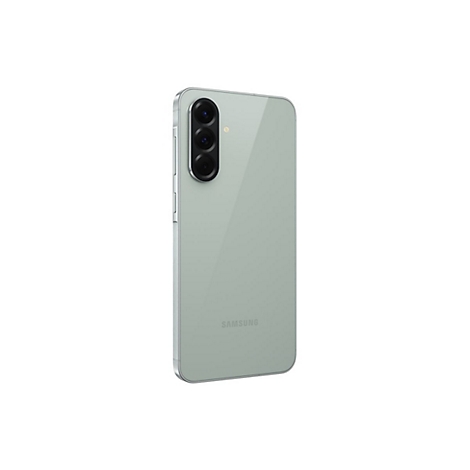 Hellgrünes Smartphone, Rückseite. Drei Kameras, silberner Rahmen, Samsung-Logo.
