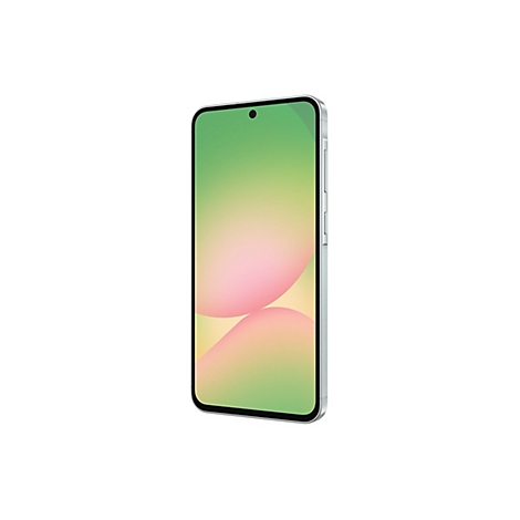 Smartphone mit hellgrünen und rosa Farbverlauf auf dem Bildschirm, silberner Rahmen.