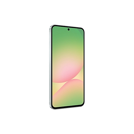 Smartphone mit silbernem Rahmen und farbigem Bildschirm auf weißem Hintergrund.