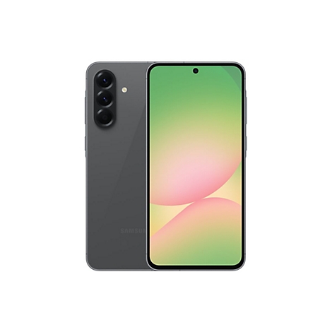 Dunkelgraues Smartphone, Vorder- und Rückseite sichtbar. Auf dem Bildschirm Farbverlauf in Gelb- und Rosatönen.