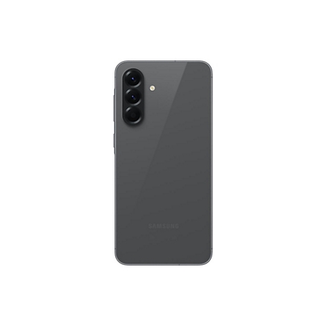 Dunkelgraues Smartphone mit drei Kameras vertikal angeordnet auf weißem Hintergrund.
