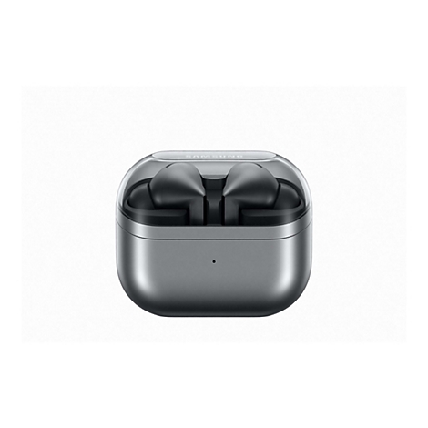 Graue Samsung Galaxy Buds im Ladecase, teilweise transparentes Oberteil.