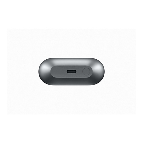 Graues Ladecase mit USB-C-Anschluss und rundem Knopf auf weiÃŸem Hintergrund.