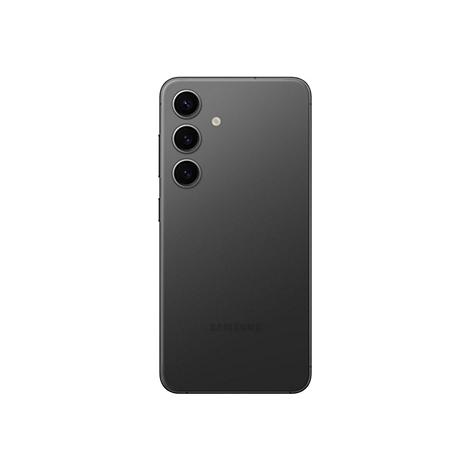 Dunkelgraues Smartphone mit drei Kameras und Samsung-Logo auf weiÃŸem Hintergrund.