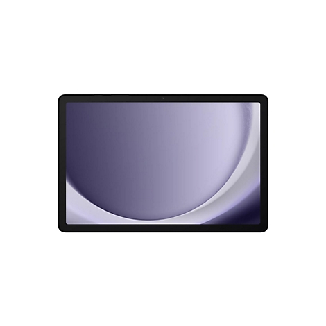 Ein schwarzes Tablet-GerÃ¤t mit einem violetten Bildschirm, der einen abgerundeten, abstrakten Hintergrund zeigt.
