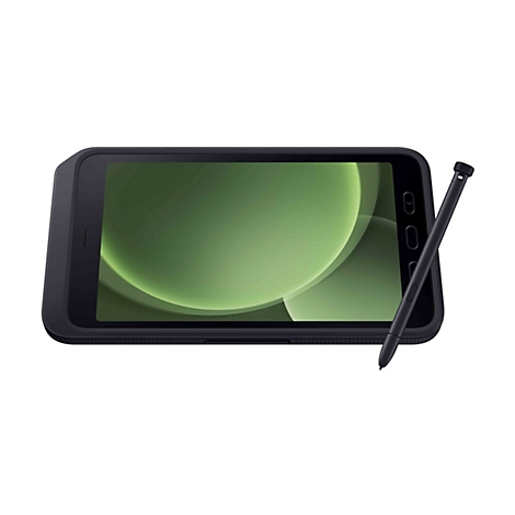 Schwarzes Tablet mit Stift, Bildschirm mit grÃ¼nem Verlauf, vor weiÃŸem Hintergrund.