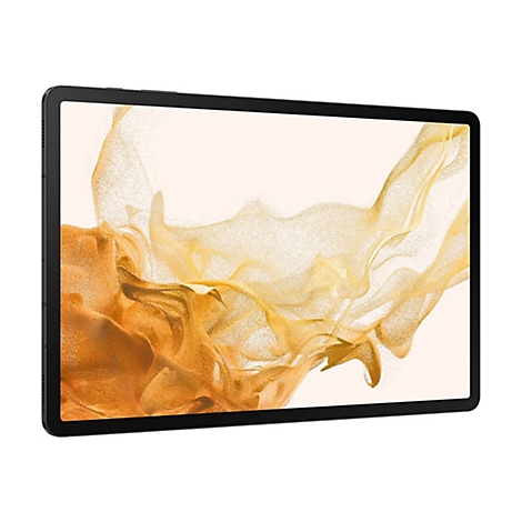 Schwarzes Tablet mit Bildschirm, auf dem ein abstraktes, gelb-goldenes Muster vor hellem Hintergrund zu sehen ist.