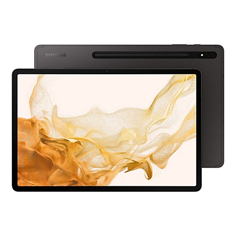 Dunkelgraues Tablet, Display zeigt gelbe Wirbel auf hellem Grund. Zweites Tablet liegt dahinter.