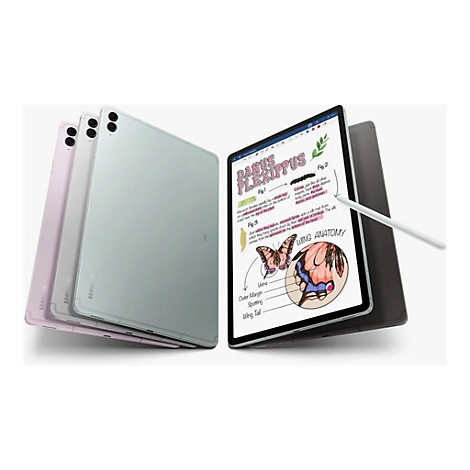 Verschiedene Tablets in Pastellfarben, ein Tablet mit Notizen. Auf dem Bildschirm ist ein Diagramm abgebildet und ein Stift wird gezeigt.