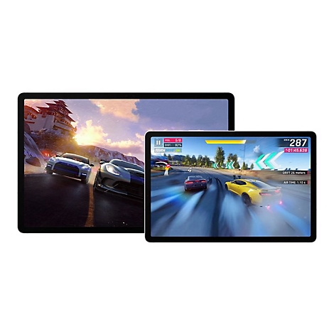 Zwei Tablets zeigen Rennspiele. Autos rasen auf der Rennstrecke.