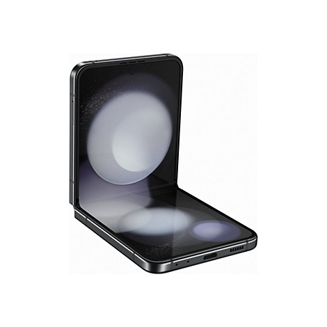 Ein schwarzes, aufgeklapptes Smartphone. Das Display zeigt einen hellen, kreisfÃ¶rmigen Hintergrund.