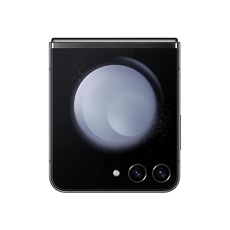 Schwarzes, zusammengeklapptes Smartphone. RÃ¼ckseite mit abgerundeter, heller Halbmond-Grafik, darunter zwei Linsen.