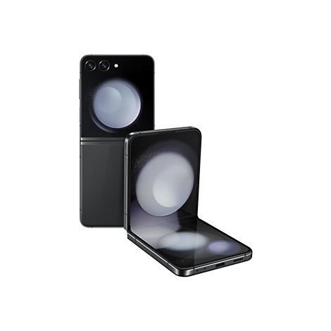 Zwei schwarze Smartphones, eines offen, eines geschlossen. Beide zeigen eine runde Kamera. WeiÃŸer Hintergrund.