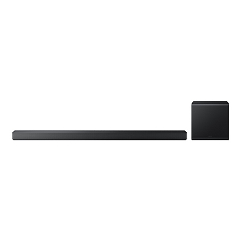Schwarzes Soundbar-System mit Subwoofer vor weißem Hintergrund. Das Soundbar ist lang und rechteckig, der Subwoofer ist quadratisch.