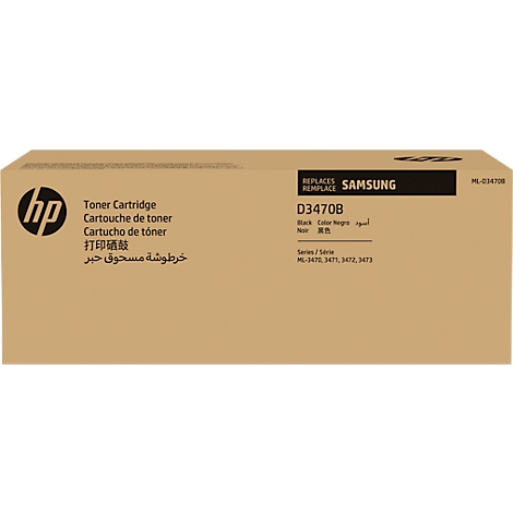 Bruine doos met HP- en Samsung-logo's. Toner Cartridge. Productidentificatie: D3470B.