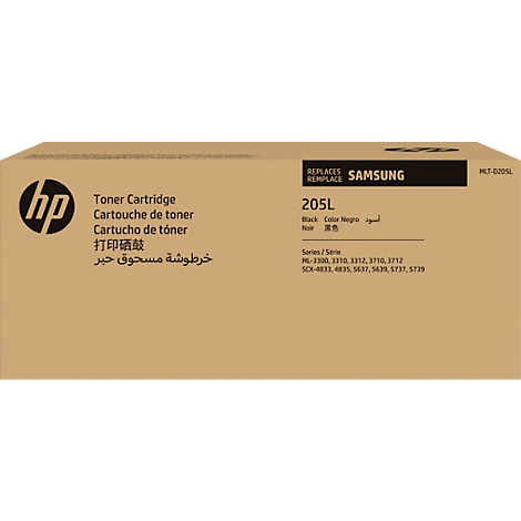 Bruine kartonnen verpakking met HP-logo, aanduiding "Toner Cartridge" en productnaam "205L".