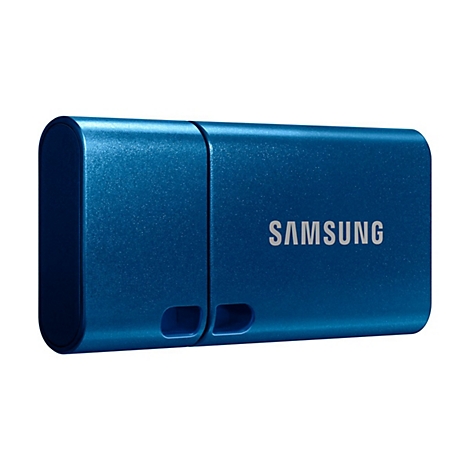 ClÃ© USB Samsung bleue, rectangulaire avec des coins arrondis, le mot SAMSUNG est clairement visible.