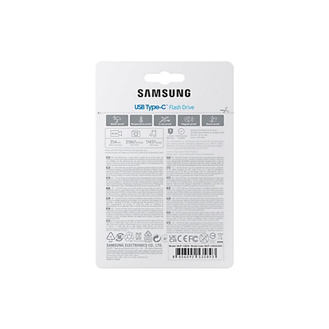 Dos d'un emballage de clÃ© USB Type-C Samsung, fond blanc.